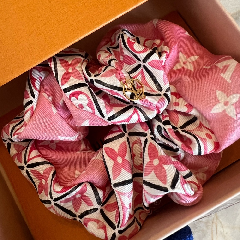 Authentic Louis Vuitton Pink Monogram Silk Scrunchie with Gold Logo Charm